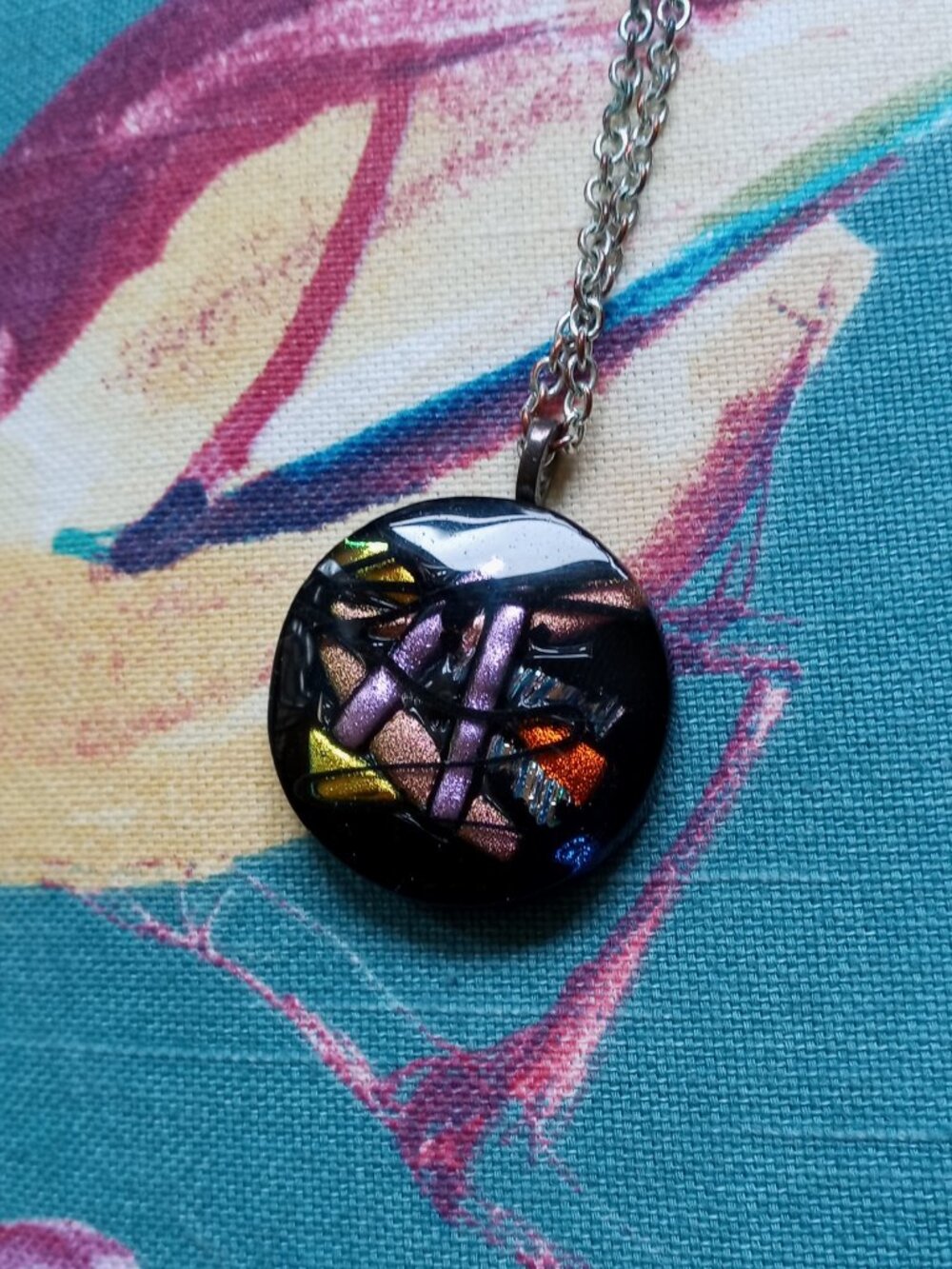 Handmade Dichroic Glass Pendant: Orange, Purple, Gold & Black Necklace Artsy